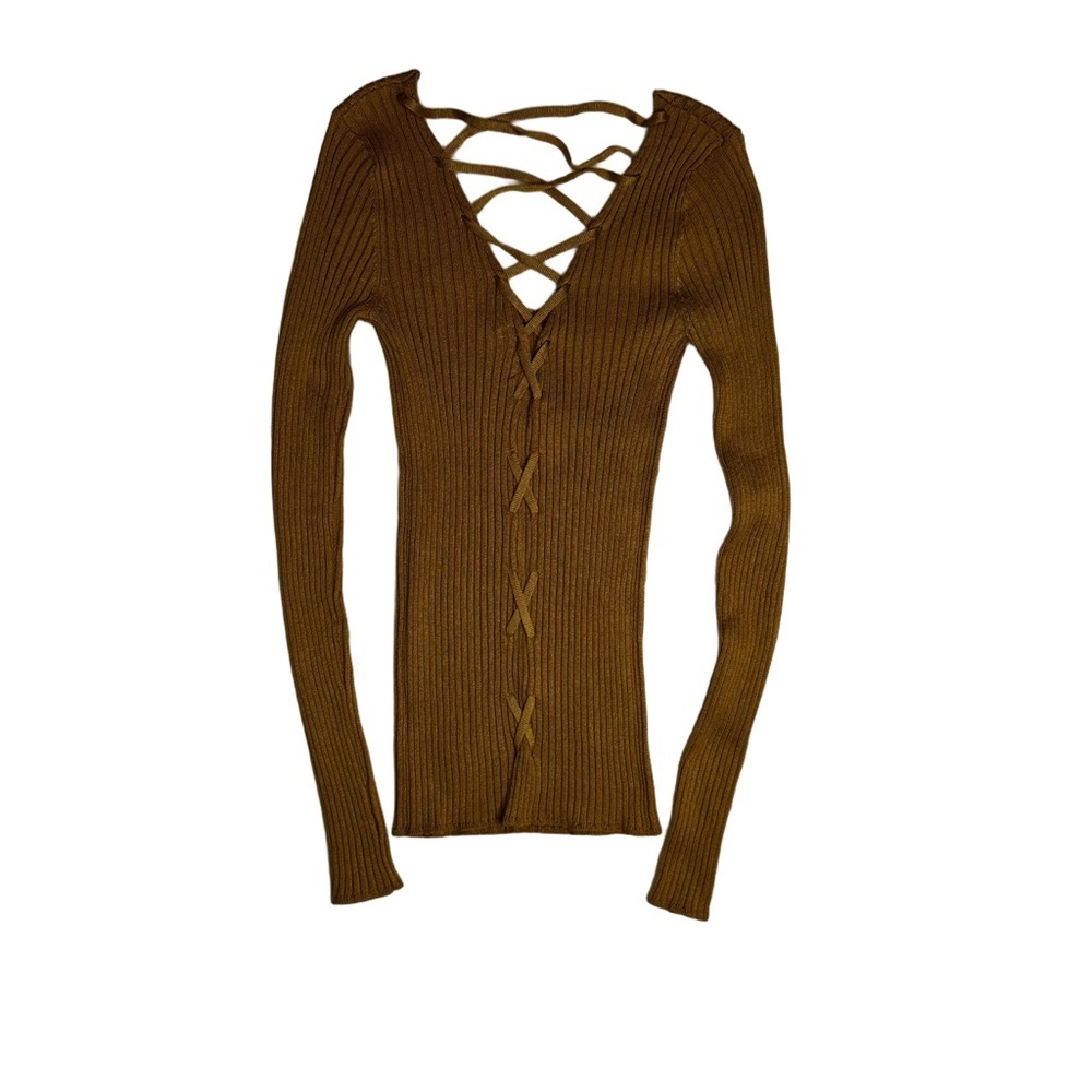 Ambiance Apparel Gold Ribbed Sweater Size Small Features A Lace Up Back NWT - Picture 8 of 9